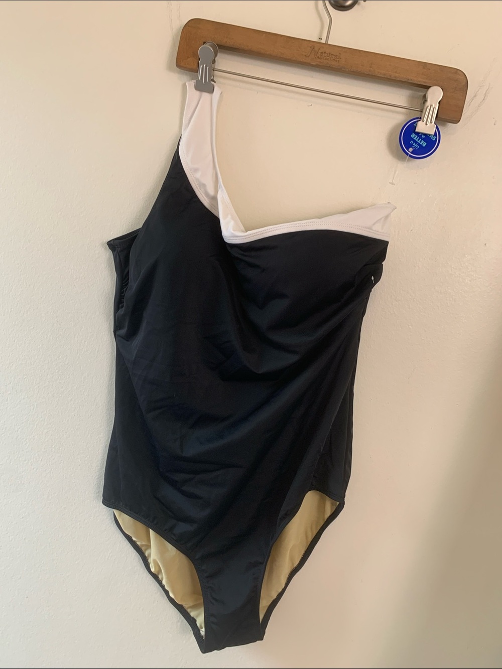 Black NWT  Swimsuit with White Neck Trim, one shoulder, padded cups